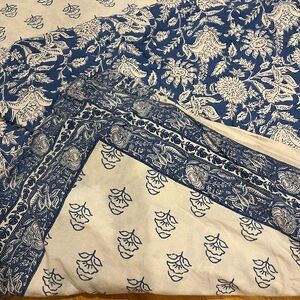 Queen Duvet Cover and Pillow Sham Set- Reversible Blue and White Block Print
